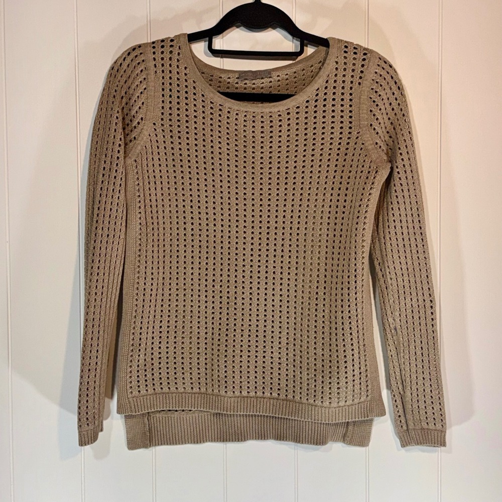 Evolution by Cyrus Tan Beige Open Knit Pointelle Sweater Crew Neck Small